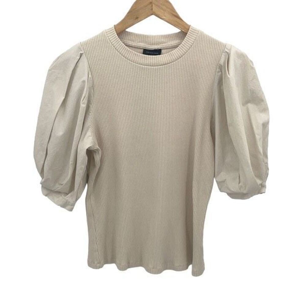 Who What Where Womens Ribbed Puffed Sleeve Mixed‎ Media Top Beige Small